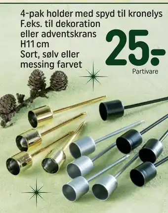 4-pak holder med spyd til kronelys f.eks. til dekoration eller adventskrans h11 cm sort, sølv eller messing farvet