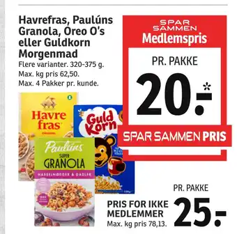 SPAR Havrefras, paulúns granola, oreo o's eller guldkorn morgenmad tilbud