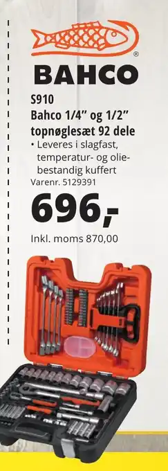 S910 Bahco 1/4" og 1/2" topnøglesæt 92 dele