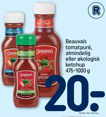 REMA 1000 Beauvais tomatpuré, almindelig el. økologisk ketchup 475-1000g tilbud