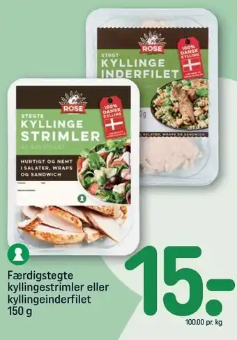 REMA 1000 Færdigstegte kyllingestrimler eller kyllingeinderfilet 150 g tilbud