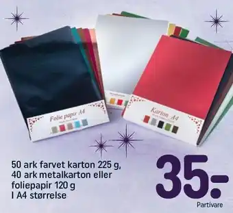 REMA 1000 50 ark farvet karton 225 g, 40 ark metalkarton eller foliepapir 120 g i a4 størrelse tilbud