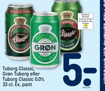 REMA 1000 Tuborg Classic, Grøn Tuborg eller Tuborg Classic 0.0% 33 cl. Ex. pant tilbud