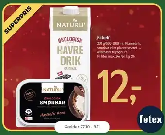 Netto Økologisk naturli’ 200g smørbar eller 1l havredrik tilbud