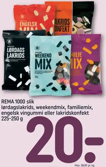 Rema 1000 Slik Lørdagslakrids, Weekendmix, Familiemix 225-250 g