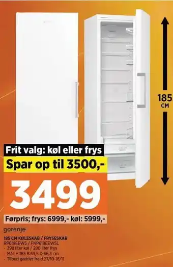 Power Gorenje 185 cm køleskab / fryseskab tilbud