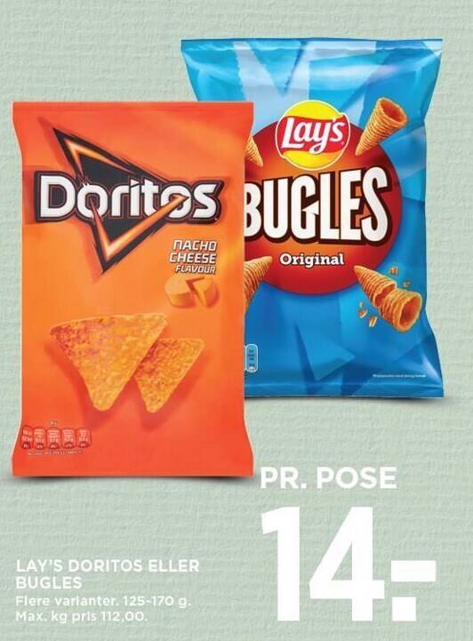 Lay´s doritos eller bugles tilbud hos MENY