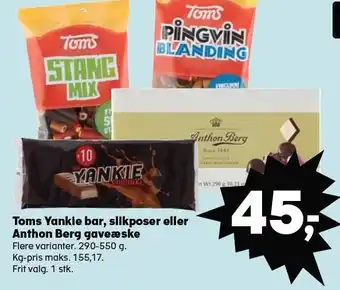 Kvickly Toms yankie bar, slikposer eller anthon berg gaveæske tilbud