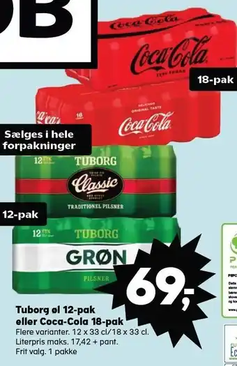 Kvickly Tuborg øl 12-pak eller coca-cola 18-pak tilbud