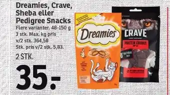 SPAR Dreamies, crave, sheba eller pedigree snacks tilbud