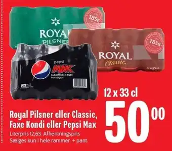 Min Købmand Royal pilsner eller classic, faxe kondi eller pepsi max tilbud
