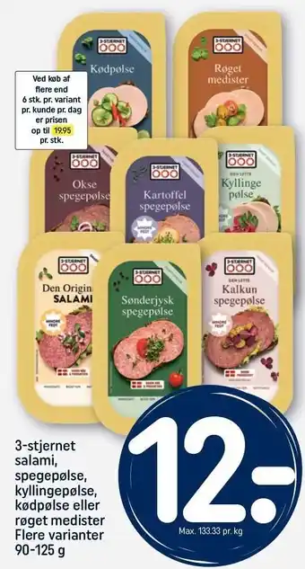 3-stjernet salami, spegepølse, kyllingepølse, kødpølse eller røget medister
