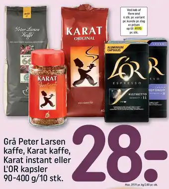Grå peter larsen kaffe, karat kaffe, karat instant eller l'or kapsler