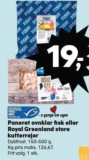 SuperBrugsen Paneret ovnklar fisk eller royal greenland store kutterrejer tilbud