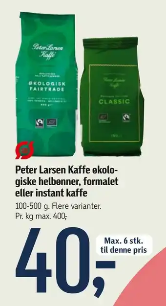 Føtex Peter Larsen Kaffe økologiske helbønner, formalet eller instant kaffe tilbud