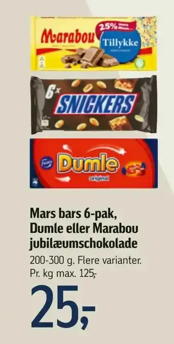 Føtex Mars bars 6-pak, Dumle eller Marabou jubilæumschokolade tilbud