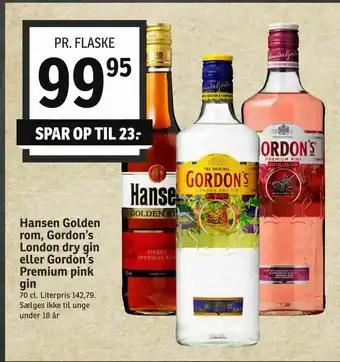 Hansen Golden rom, Gordon's London dry gin eller Gordon's Premium pink gin
