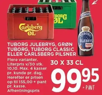 MENY Tuborg julebryg, grøn tuborg, tuborg classic eller carlsberg pilsner tilbud