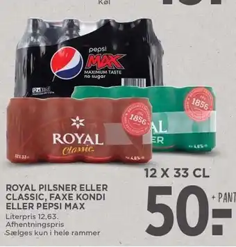 MENY Royal pilsner, eller classic, faxe kondi eller pepsi max tilbud