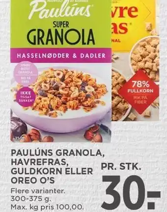 MENY Paulúns granola, havrefras, guldkorn eller oreo o's tilbud