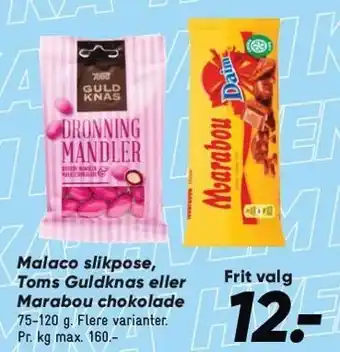Bilka Malaco slikpose, toms guldknas eller marabou chokolade tilbud