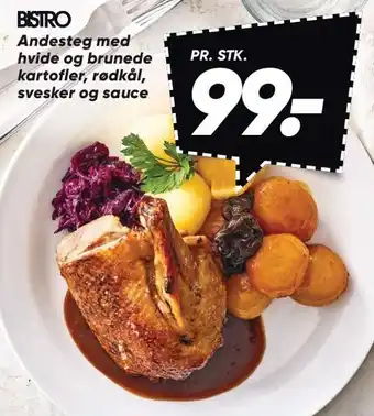 Bilka Andesteg med hvide og brunede kartofler, rødkål, svesker og sauce tilbud