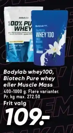 Bilka Bodylab whey100, biotech pure whey eller muscle mass tilbud