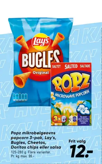 Bilka Popz mikrobølgeovns popcorn 3-pak, lay's, bugles, cheetos, doritos chips eller salsa tilbud