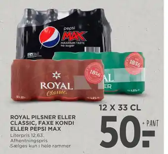 MENY Royal pilsner eller classic, faxe kondi eller pepsi max tilbud