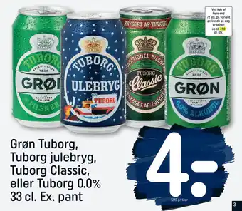 REMA 1000 Grøn tuborg, tuborg julebryg, tuborg classic, eller tuborg 0,0% 33 cl. ex. pant tilbud