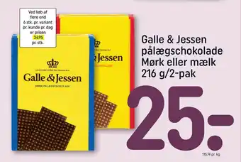 REMA 1000 Galle & jessen pålægschokolade mørk eller mælk 216 g/2-pak tilbud