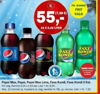 Købmandsgården Pepsi Max, Pepsi, Pepsi Max Lime, Faxe Kondi, Faxe Kondi 0 Kal tilbud