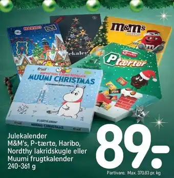 REMA 1000 Julekalender m&m's, p-tærte, haribo, nordthy lakridskugler eller muumi frugtkalender tilbud