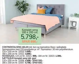 Continentalseng milan, hovedgavl eller sættilbud