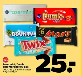 Netto Fazermint, Dumle eller Mars bars 6-pak tilbud
