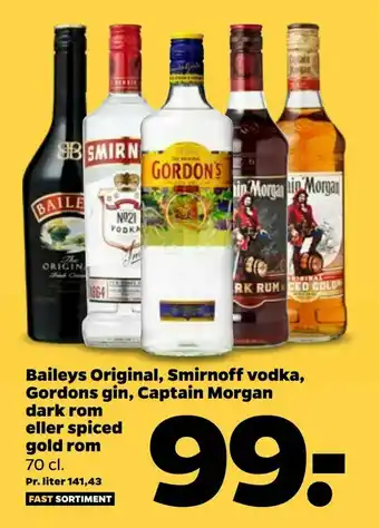 Baileys Original, Smirnoff vodka, Gordons gin, Captain Morgan dark rom eller spiced gold rom