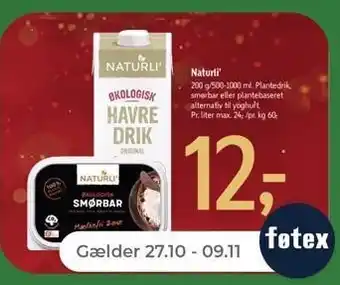 Netto Naturli' plantedrik, smørbar eller plantebaseret alternativ til yoghurt, 200g/500-1000 ml tilbud