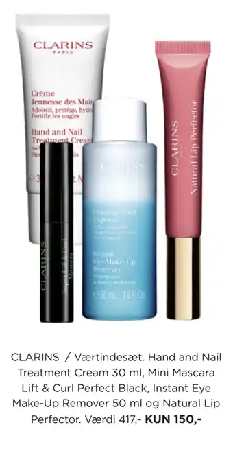 Salling Clarins / værtindesæt. hand and nail treatment cream 30 ml, mini mascara lift & curl perfect black, instant eye make-up remov tilbud