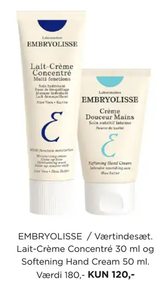 Salling Embryolisse / værtindesæt. lait-crème concentré 30 ml og softening hand cream 50 ml tilbud