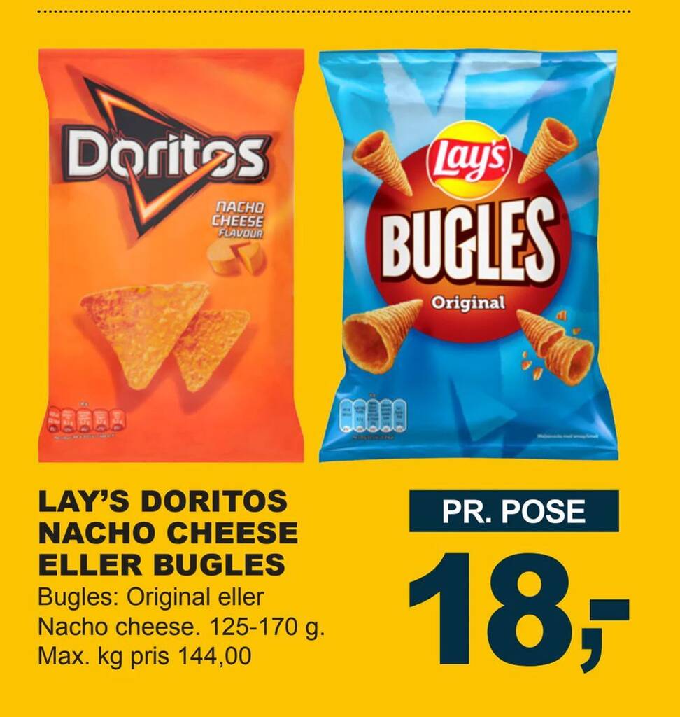 Lay’s doritos nacho cheese eller bugles tilbud hos LetKøb