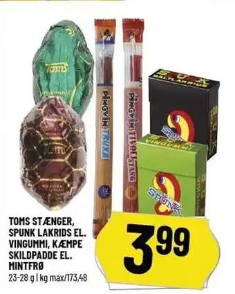 Toms stænger, spunk lakrids el. vingummi, kæmpe skildpadde el. mintfrø