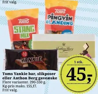Dagli'Brugsen Toms yankie bar, slikposer eller anthon berg gaveæske tilbud