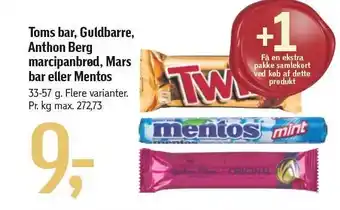 Føtex Toms bar, guldbarre, anthon berg marcipanbrød, mars bar eller mentos tilbud