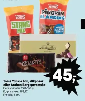 Kvickly Toms yankie bar, slikposer eller anthon berg gaveæske tilbud