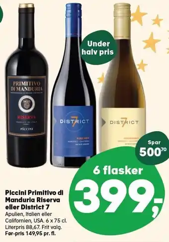 Kvickly Piccini primitivo di manduria riserva eller district 7 - 6 flasker tilbud