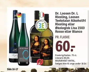 SPAR Dr. loosen dr. l riesling, loosen teetotaler alkoholfri riesling eller økologisk lisa 1503 rosso eller bianco tilbud
