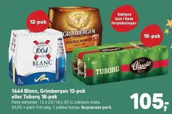 SuperBrugsen 1664 blanc, grimbergen 12-pak eller tuborg 18-pak tilbud