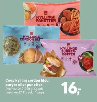 SuperBrugsen Coop kylling cordon bleu, burger eller panetter tilbud