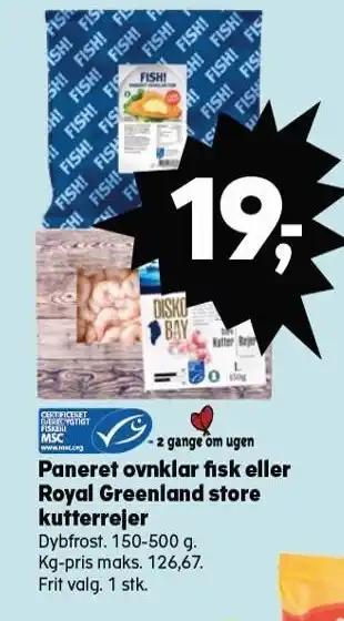 SuperBrugsen Paneret ovnklar fisk eller royal greenland store kutterrejer tilbud
