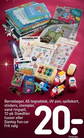 REMA 1000 Børnebøger, a5 tegneblok, uv pen, spillekort, stickers, stempler, vand ringspil, 12-pk staedtler tusser eller dantoy fun car tilbud